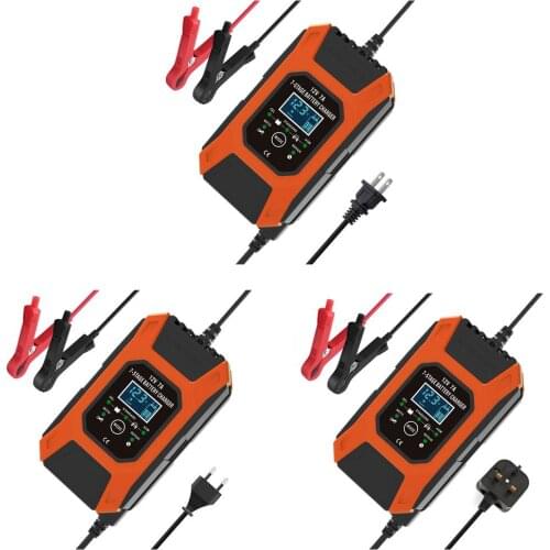 12V 7A Automatic Fast Battery Charger, 7-stage Charging Motorcycle Car Battery Charger EU/BS/US Plug Adapter