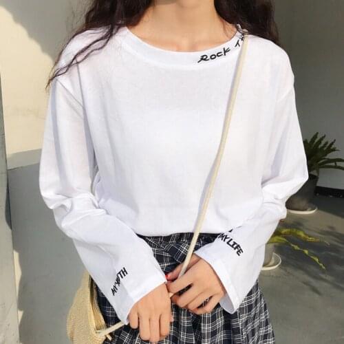 T Shirt For Women Black White Koren Students T-shirt Womens Female 2020 Long Sleeve O-neck Cotton Tee Shirt Tops Vetement Femme