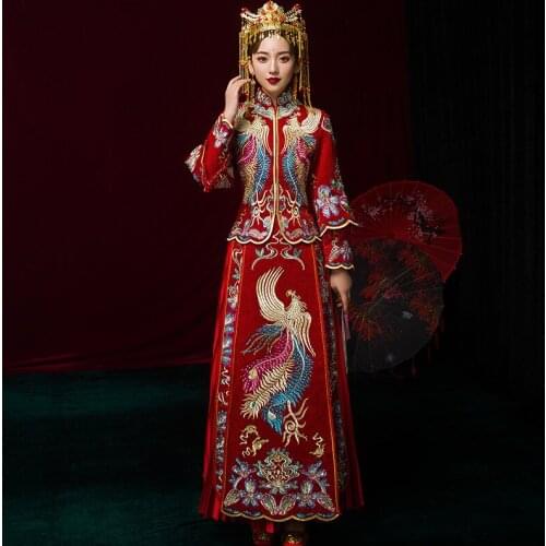 FZSLCYIYI Wine Red Chinese Bride Wedding Dress Exquisite Phoenix Embroidery Cheongsam Elegant Marriage Qipao Suit Evening Gowns