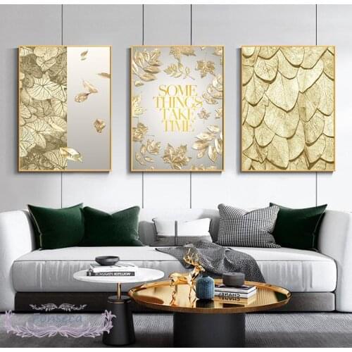 Gold Flower Plant Leaf Pictures Modern Luxury Home Decor Nordic Style Quotes Canvas Painting Wall Art Posters and Prints Decor