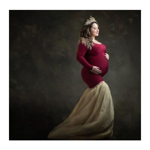 Splicing Mermaid Photo Shoot Dresses Long Sleeves Tulle Spandex Stretchy Maternity Dress Square Neck Plus Size Pregnancy Gown
