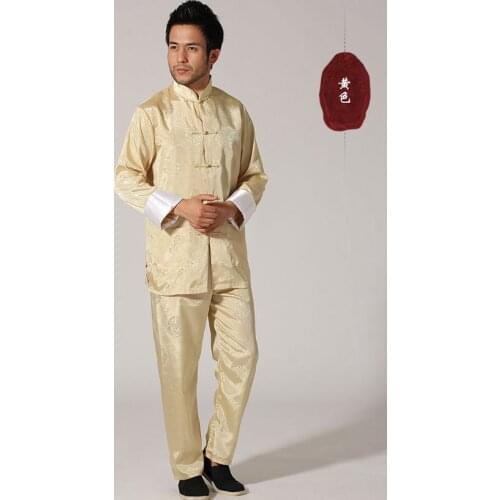 New Chinese Traditional Mens Satin Rayon Kung Fu Suit Vintage Long Sleeve Tai Chi Wushu Uniform Clothing M L XL XXL 3XL L070601