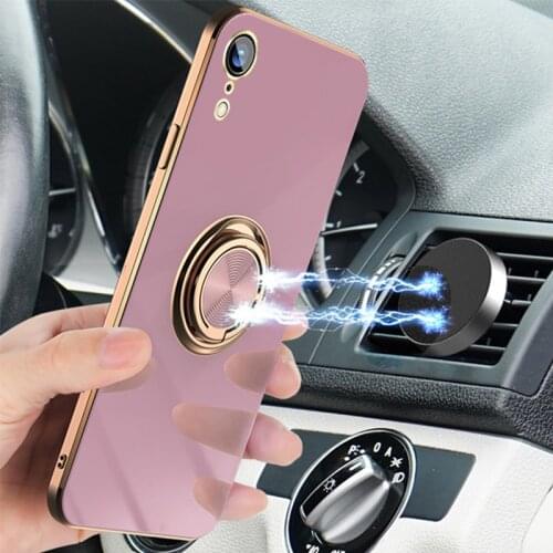 Gold Frame Kickstand Plating Finger Ring Case for iPhone XR 11 12 Pro Max XS 7 8 Plus Soft Silicone TPU Car Holder Stand Cover