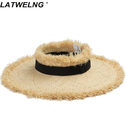 Fashion Raffia Visor Hat With Frayed Edges Women Wide Brim Sun Hats UV Protection Designer Empty Top Beach Hats Wholesale