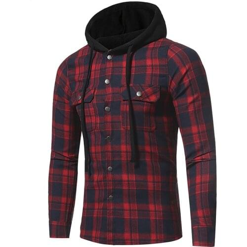 Hooded shirt men fashion Hip hop Streetwear plaid shirt men High street social checkered long sleeve shirts