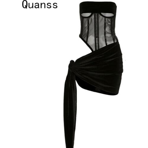 Quanss Women Two Piece Set Velvet Patchwork Mesh See Through Corset Top And Bandage Mini Skirt Night Club Wear Party Outfits
