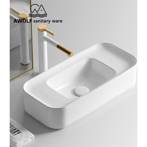 Bathroom Sinks Big Size Ceramic Vessel White Deck Mounted Washing Basin Bowl With Drain Soft Hose Above Counter AM915