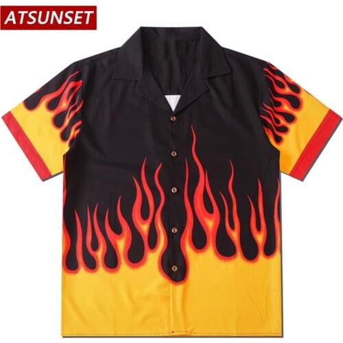 ATSUNSET Flame Print Shirt HipHop Streetwear Casual Shirt Man Hawaiian Summer Fashion Tee Tops