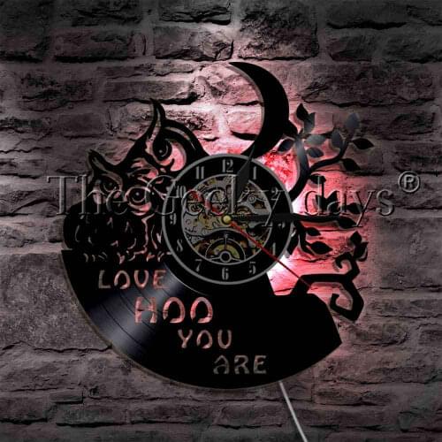 Owl Saying Love Hoo You Are Vinyl Record Wall Clock With LED Backlight Owls on the Branch Modern LED Hanging Lamp