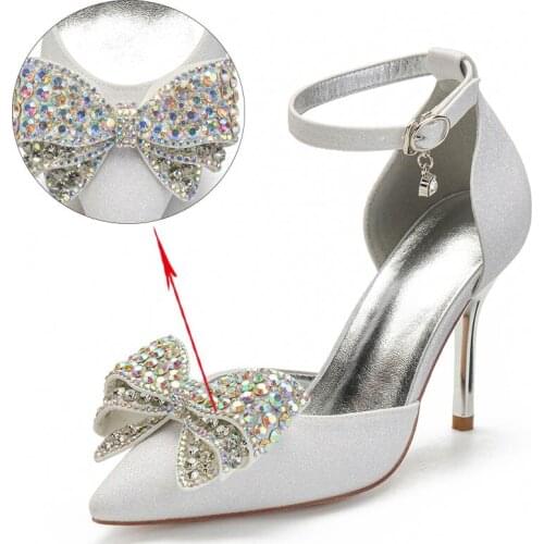 2021 New Color Crystal Wedding Pumps Ankle Strap Bridal High Heel Satin Glitter Pointed Toe Women Shoes Autumn Casual