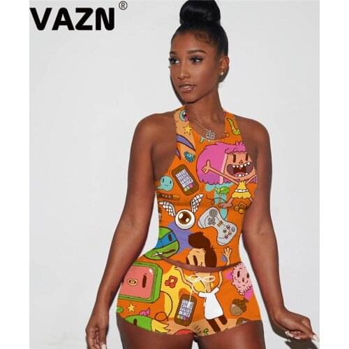VAZN 2020 Summer New High Waist Elastic Young Sexy Cartoon Style Tank Sleeve Short Pants Slim Tracksuits Women 2 Piece Set