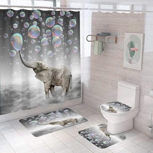 Bathing Elephant Animal Shower Curtain Sets Waterproof Fabric Bathroom Decor Home Toilet Lid Seat Cover Bath Non-Slip Mat