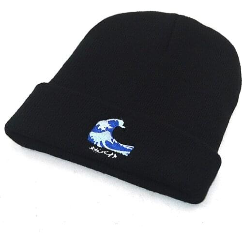 Japanese ocean wave embroidery knitted beanie hat cap cotton soft warm winter hats new men women hip hop ski caps