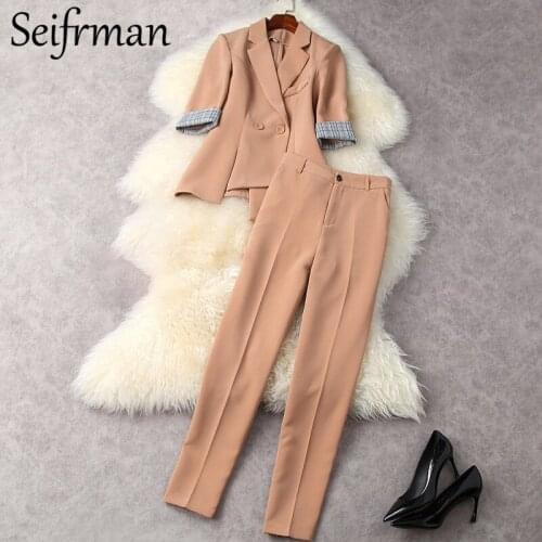 Seifrmann New 2021 Summer Women Fashion Designer Pants Sleeve Long Sleeve Double Breasted Vest + High Waist Printed Long Pants
