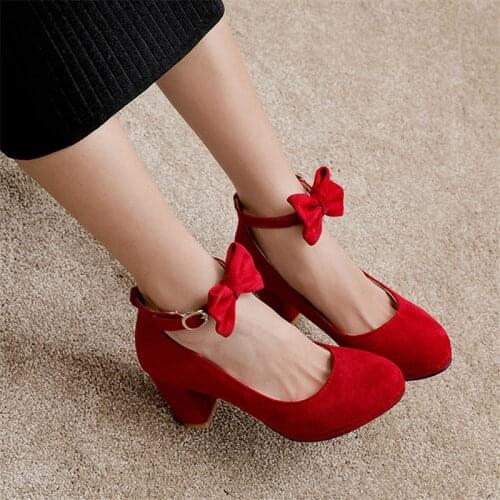 2019 Spring Autumn Faux Suede Women Shoes Sweet Bow Knot Pumps Square Low Heels Buckle Casual Shoes Beige Black Pink