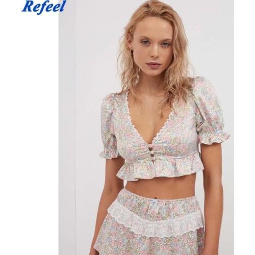 Fashion Button floral print women short two piece set Summer split beach casual short skirt Elegant cool daily cute tops