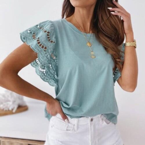 Lace Patchwork Casual Short Flared Sleeve Summer Women Solid Color Slim Tops Ladies Streetwear Shirts Round Neck Hollow Out New