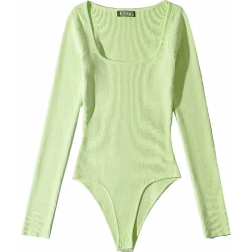 Aonibeier 2021 Za Woman Casual Traf Rompers Autumn Square Collar Stretch Knit Skinny Bodysuit Green Beige Slim Jumpsuit Playsuit