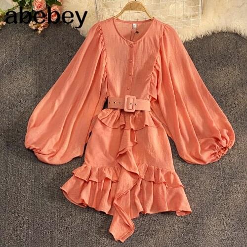 Women Elegant Solid Dress Puff Sleeve O Neck Button A-line Dresses 2021 Spring Fashion Casual Streetwear Dress