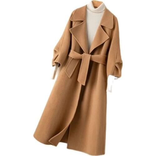 Women Woolen Coat With Belt Elegant Wool Jacket Double-Sided Cashmere Open Stitch Long Windbreaker Female Cardigan Outerwear