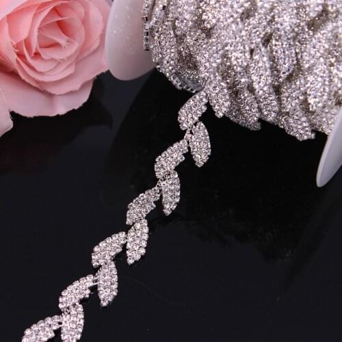 1 Yard Leaves Rhinestone Chain Trim Ribbon Silver Crystal Applique Hair Accessory Bridal Sash Sewing On Wedding Dress Decoration