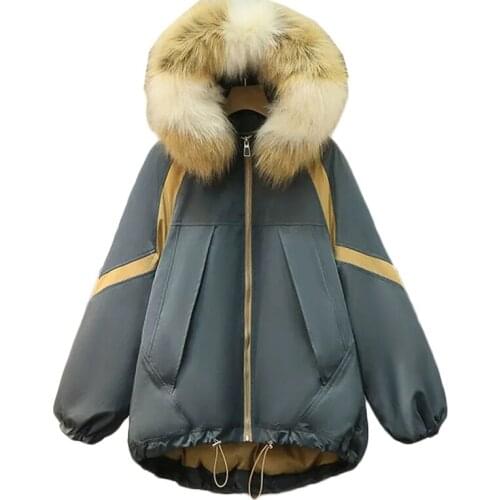 2021 New Korean Winter Down Cotton Jacket Plus Size Womens Long Thick Warm Cotton Coat Hooded Fur Collar Parka Tooling Overcoat