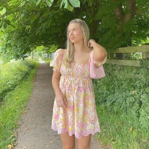 2021 Autumn Holiday Backless Floral Eyelet Cotton Embroidery Beach Vocation Ladies Mini Dress