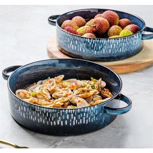 7.5 Inch Nordic Double Ear Ceramic Soup Bowl Large Vegetable Plate with Handle Restaurant Anti-Scalding Salad Bowl Tableware 1L