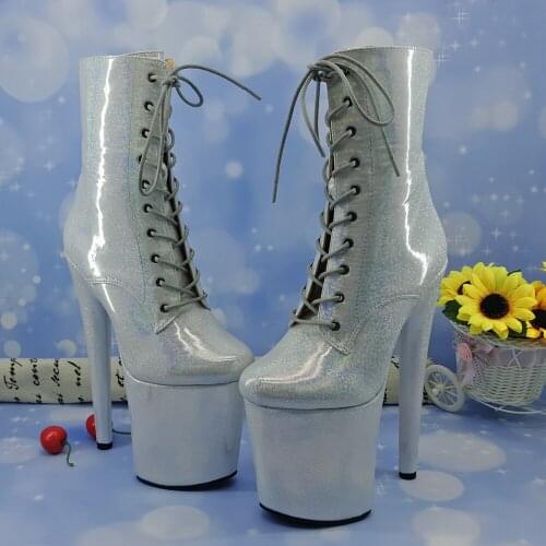 Leecabe 20CM Pole dancing shoes silver glitter upper and covered High Heel platform Boots closed Pole Dance hight boot