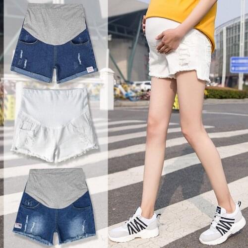 Summer Pregnant Womens Denim Shorts Fashion Outwear Holes Care Belly Loose Pants For Maternity Elastic Jeans pregnancy Clothes