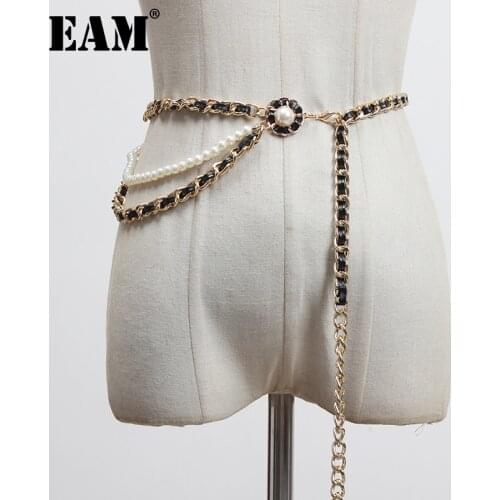 [EAM] Pu Leather Red Black Metal Chain Long Belt Personality Women New Fashion Tide All-match Spring Autumn 2021 1DA526