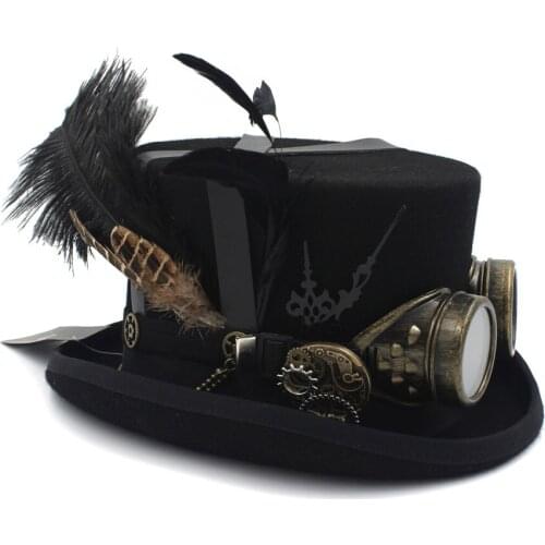 4Color Women Men Wool Handmade Steampunk Top Hat With Steam Punk Glasses Gear Feather Fedora Party Hat 4 Size 13.5CM