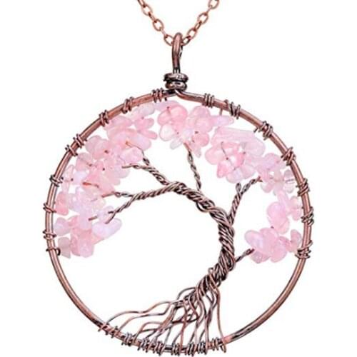 FYJS Unique Female Anniversary Jewelry Copper Plated Wire Wrap Wisdom Tree of Life Pendant Natural Rose Pink Quartz Necklace