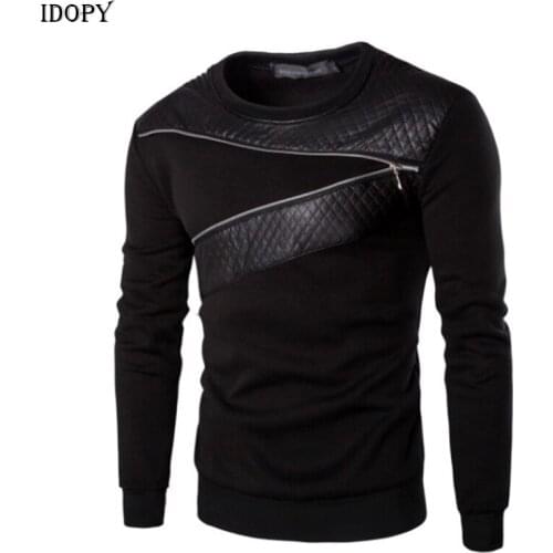 Idopy Men`s Leather T-Shirts Long Sleeve O Neck Gothic Punk Style Black Tees Shirts With Zippers For Hipster Plus Size 5XL