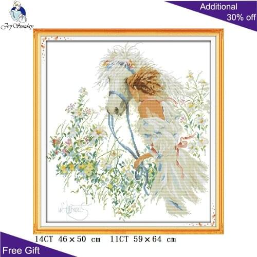 Joy Sunday White Horse Girl Embroidery DIY Home Decoration R468 Counted and Stamped White Horse And Girl Cross Stitch kits