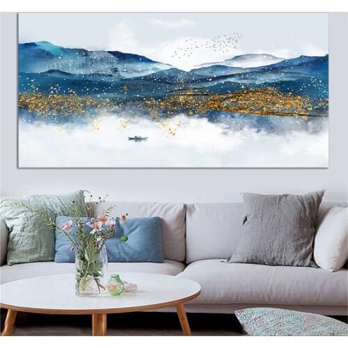 Chinese Blue and Golden Mountain Landscape Wall Art Painting Modern Abstract Cuadro Picture Art Vintage Home Decor Canvas Prints