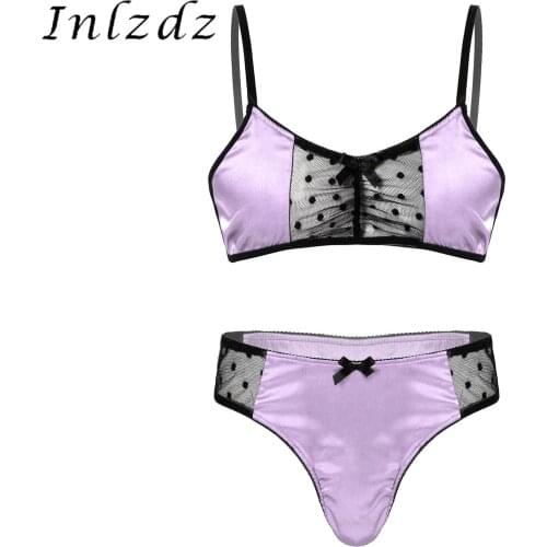 Mens Sissy Crossdressing Satin Lingerie Set Nightwear Sheer Mesh Patchwork Adjustable Spaghetti Strap Bra Tops with Thong Briefs
