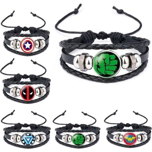 Disney Marvel Badge Captain America Superman Spiderman Flash Hulk Gemstone Leather Bracelet Cosplay deck Birthday Gifts