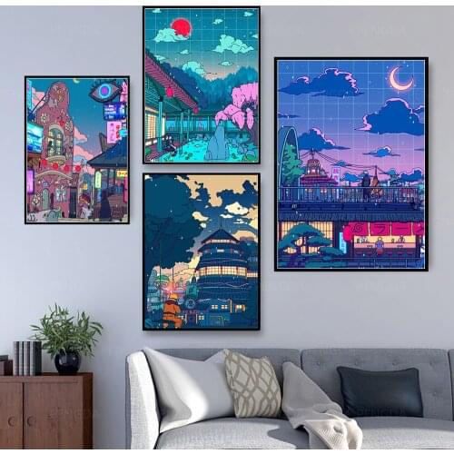 Canvas Wall Art HD Cartoon View Street Prints Poster Home Decoration Night Tree Cute Painting For Bedroom Modular Pictures Frame
