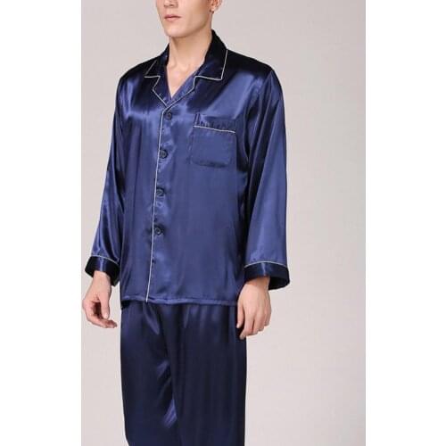 Pajama Sets Men Summer Imitation Silk Pajama Set Shirt Pants Home Gown Sleepwear Nightwear