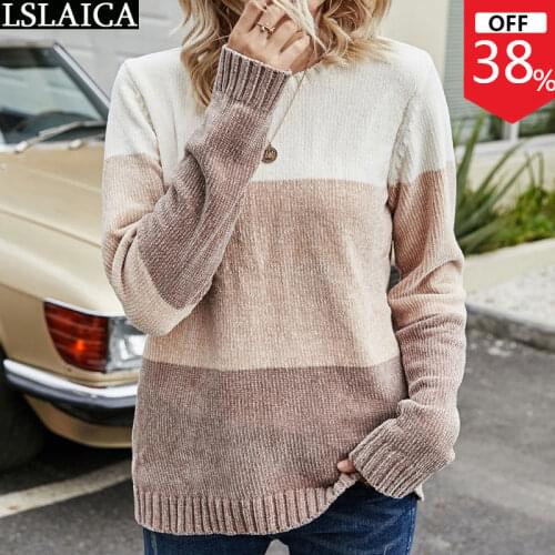 Striped Contrast Color Pullover Sweater Long Sleeve Loose Round Neck Sweater Women Fashion New Casual Home Kobieta Swetry