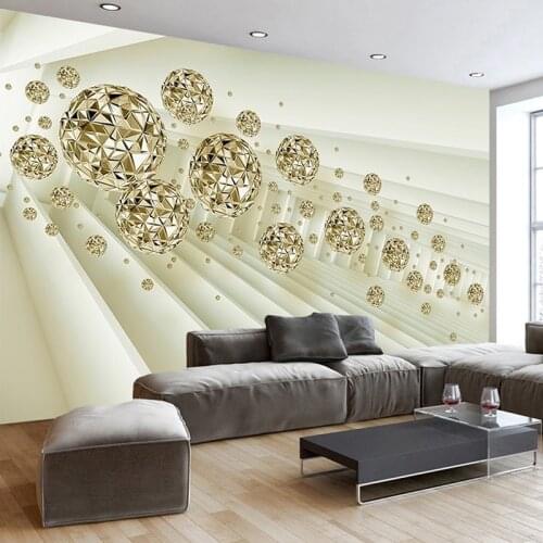 Custom Self adhesive Mural 3D Stereoscopic Space Golden Circle Ball Living Room Sofa TV Background Photo Wall Paper 3D Modern