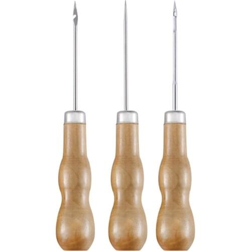 Wooden Handle Shoes Repairing Awl Leather Shoe Sewing Cobbler Tool DIY Craft Repair Hand Stitcher Straight Curved and Hole