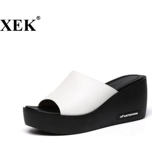 XEK Women Slippers Leather Peep Toe women Shoes Woman Flip Flops Wedges 2018 Fashion Platform Female Slides Ladies Shoes WFQ50