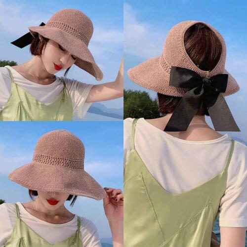 2020 Fashion Women Sun Hats Hand Made Straw Hat Female Ribbon Bow-knot Wide Brim Beach Hat Casual Summer Shade Anti Uv Cap