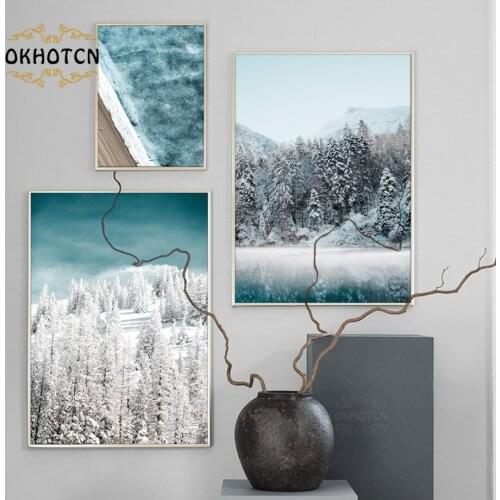 Swiss Cedar Winter Snow Scene Poster Birds Forest Canvas Painting Nordic Landscape Hd Print Pictures Modern Home Decoration