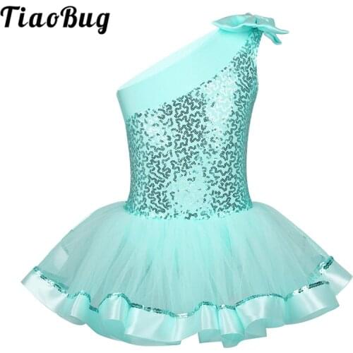 TiaoBug Kids Girls One Shoulder Ballet Tutu Dress Shiny Sequins Ballet Leotards Children Gymnastics Leotard Stage Dance Costume