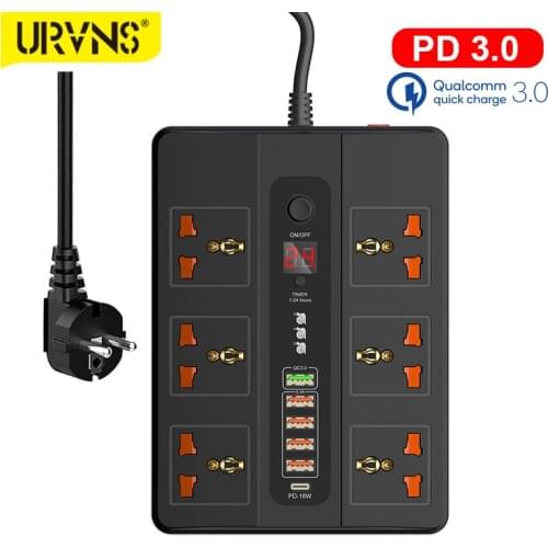 URVNS 2500W 6 Outlet Surge Protector, 2 Meter Extension Cord, Plug Power Strip with Timing Function and PD 3.0 QC3.0 USB Port