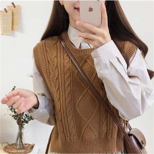 2021 Spring and Autumn Basic Wear Tops Knitted Sweater Women Fashion Sleeveless Vest Design Brown Knitting Vest Korea H442