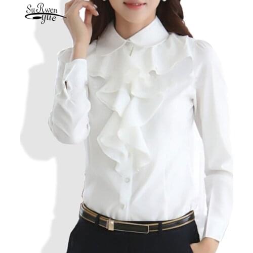 Korean Style Fashion Ruffles Ladies White Black Office Blouses Spring New Arrival Chiffon Long Sleeve Shirt Women Clothes 8C81